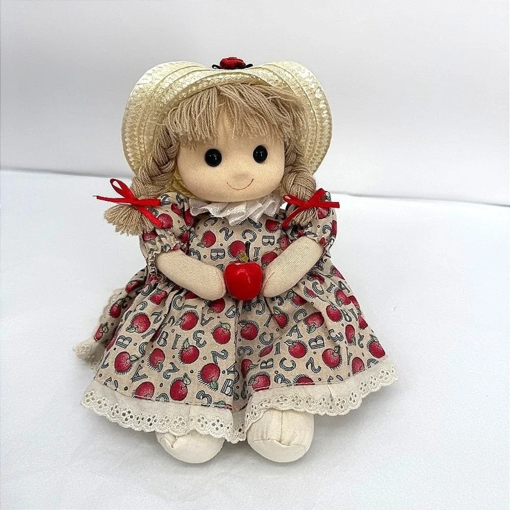 Cacos‎ Musical Wind Up Rag Doll Apple ABC Dress Straw Hat VTG Cottage Core
